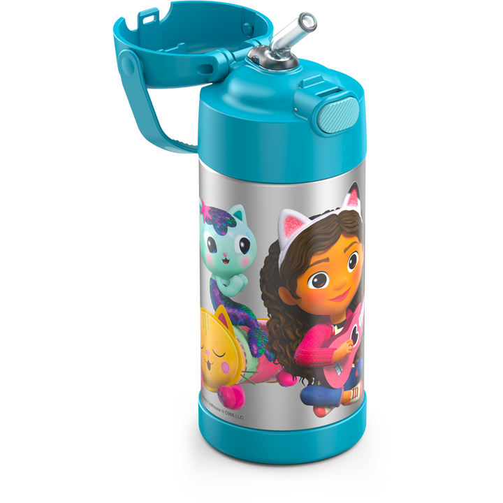 12 ounce Funtainer water bottle, Gabby's Dollhouse - Blue, straw inset.
