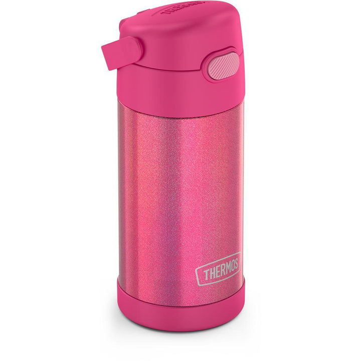 12 ounce iridescent pink Funtainer water bottle, side view, handle down.