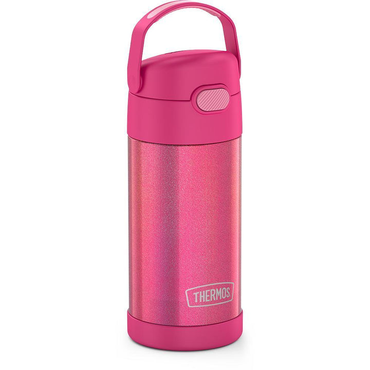 12 ounce iridescent pink Funtainer water bottle, side view, handle up.