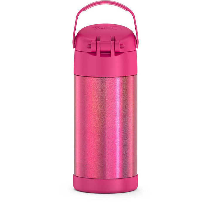 12 ounce iridescent pink Funtainer water bottle, back view, handle up.