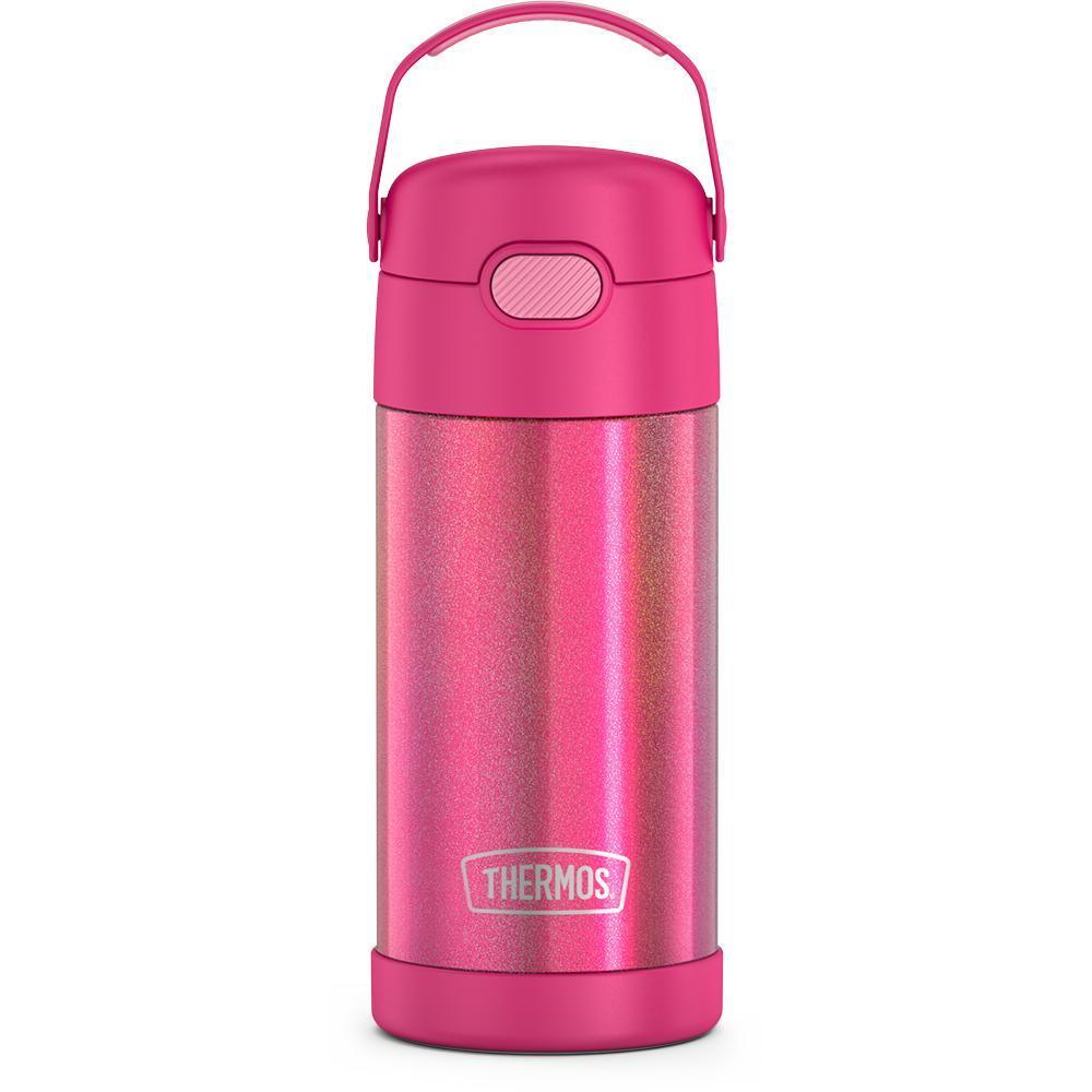 12 ounce iridescent pink Funtainer water bottle, front view, handle up.