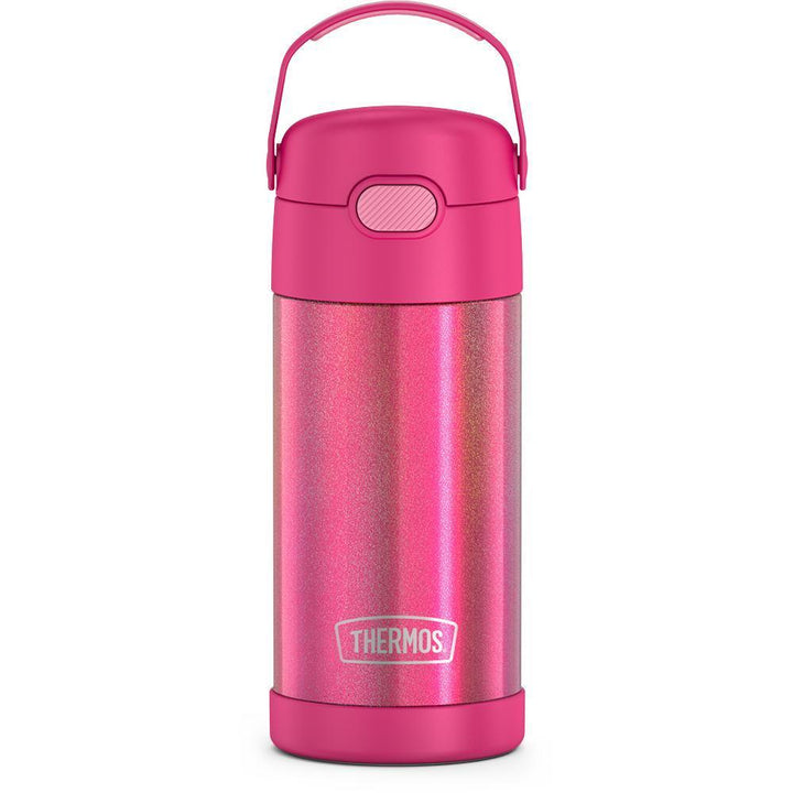 12 ounce iridescent pink Funtainer water bottle, front view, handle up.