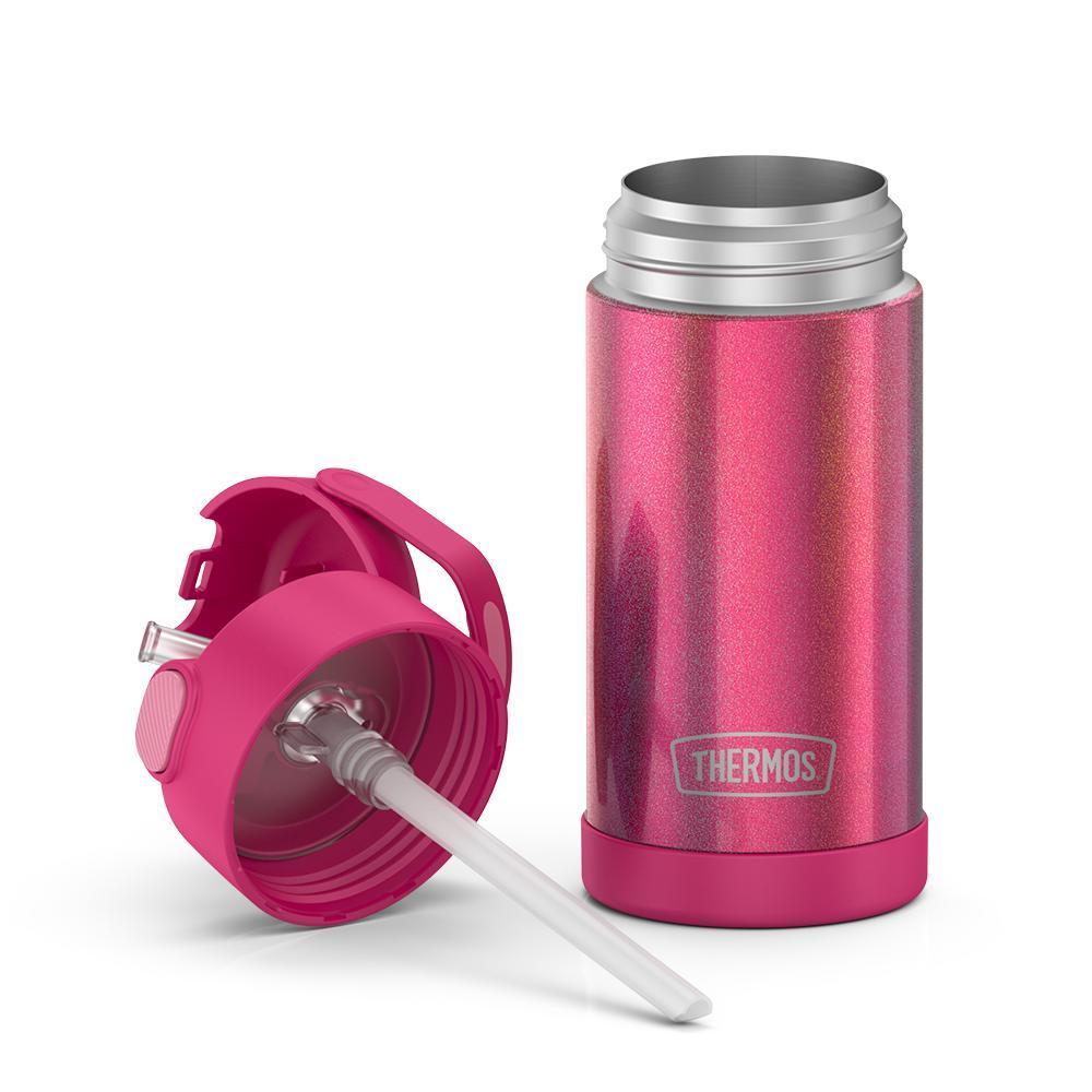 12 ounce iridescent pink Funtainer water bottle, unassembled to show lid and straw.