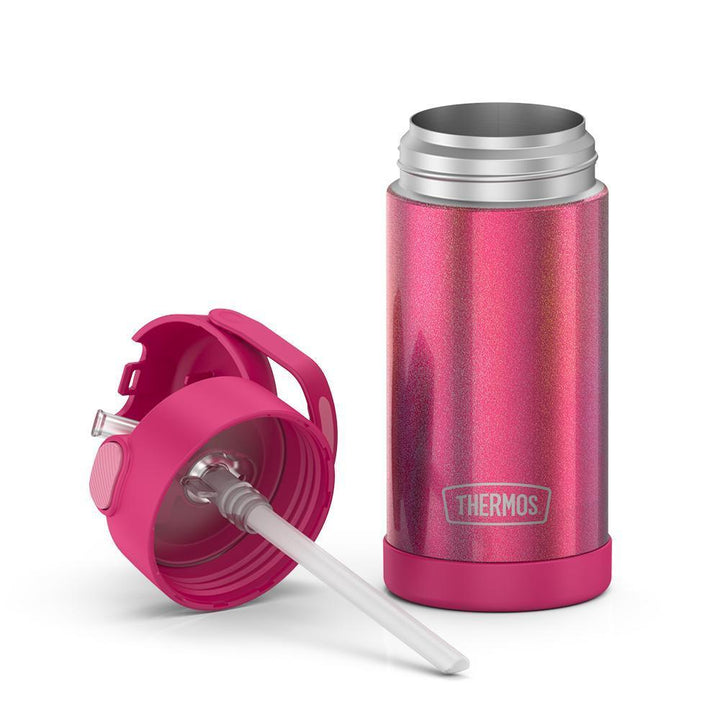 12 ounce iridescent pink Funtainer water bottle, unassembled to show lid and straw.