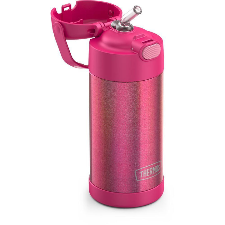 12 ounce iridescent pink Funtainer water bottle, side view, bottle open.