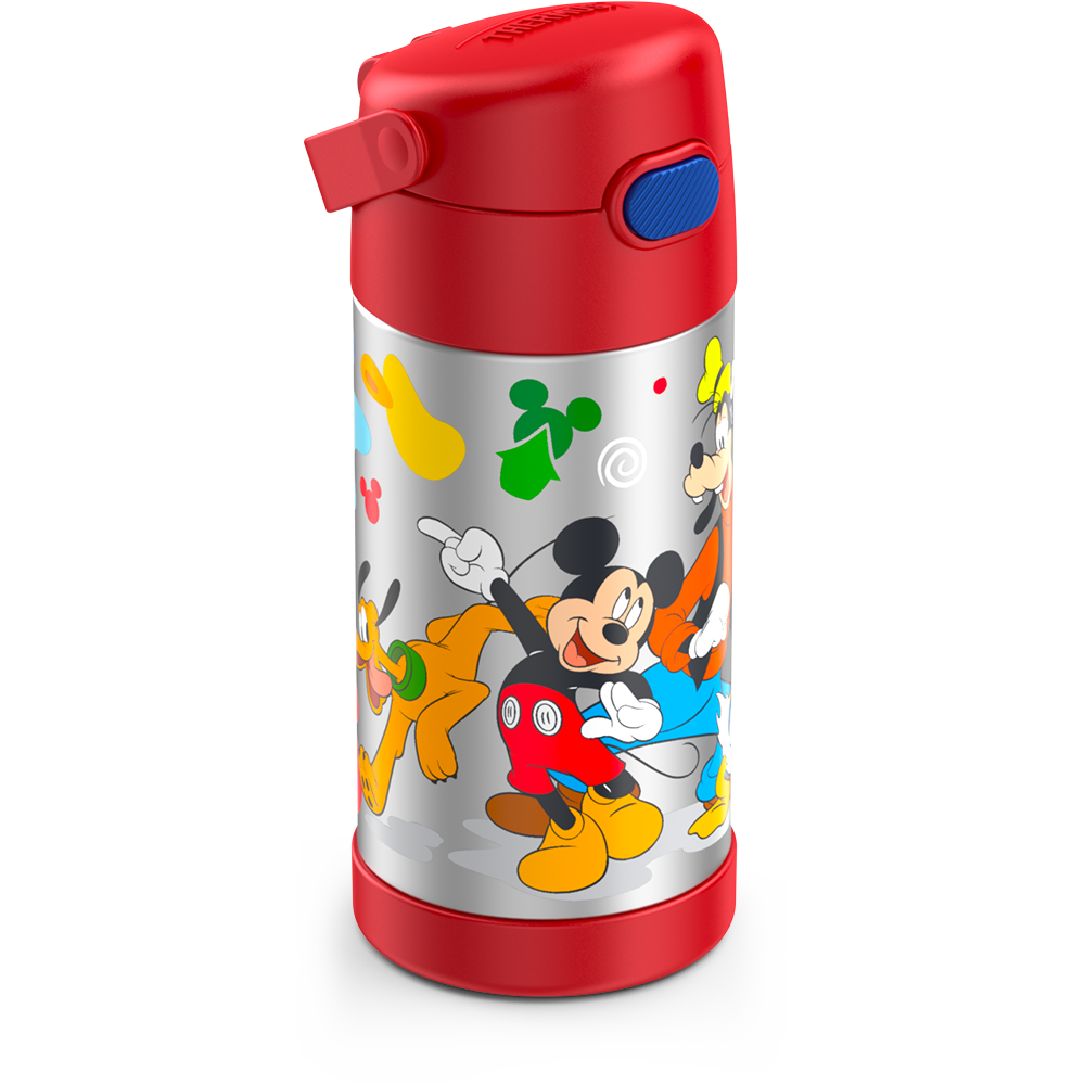 12 ounce Funtainer water bottle, Preschool Mickey Mouse, Red, side view, handle down.