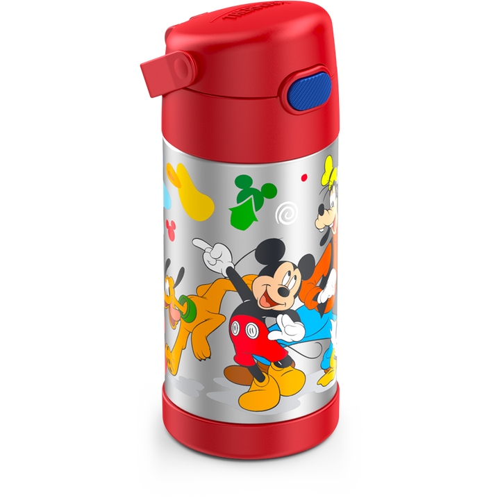 12 ounce Funtainer water bottle, Preschool Mickey Mouse, Red, side view, handle down.