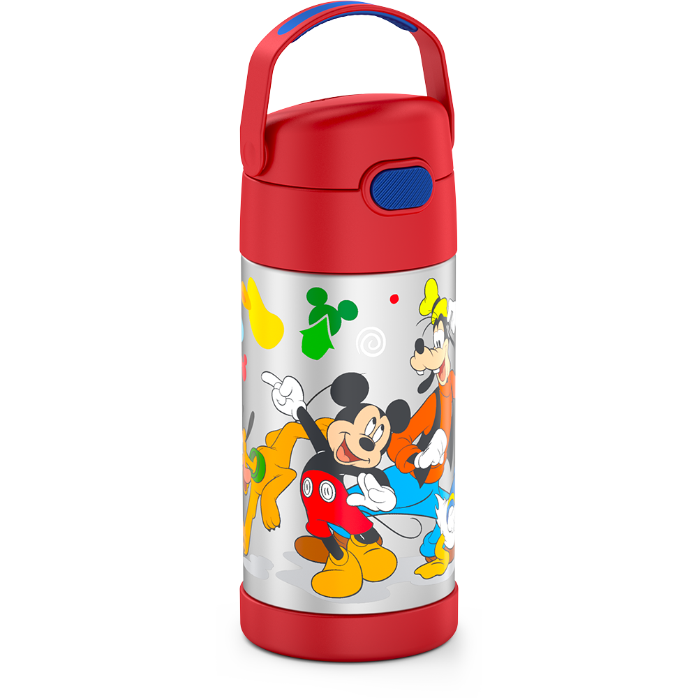 12 ounce Funtainer water bottle, side view, handle up, Preschool Mickey Mouse, Red.