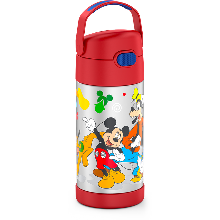 12 ounce Funtainer water bottle, side view, handle up, Preschool Mickey Mouse, Red.