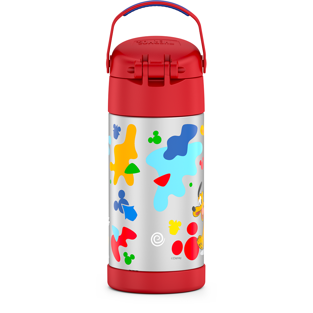12 ounce Funtainer water bottle, back view, handle up, Preschool Mickey Mouse, Red.