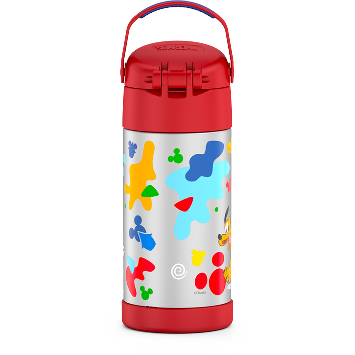 12 ounce Funtainer water bottle, back view, handle up, Preschool Mickey Mouse, Red.