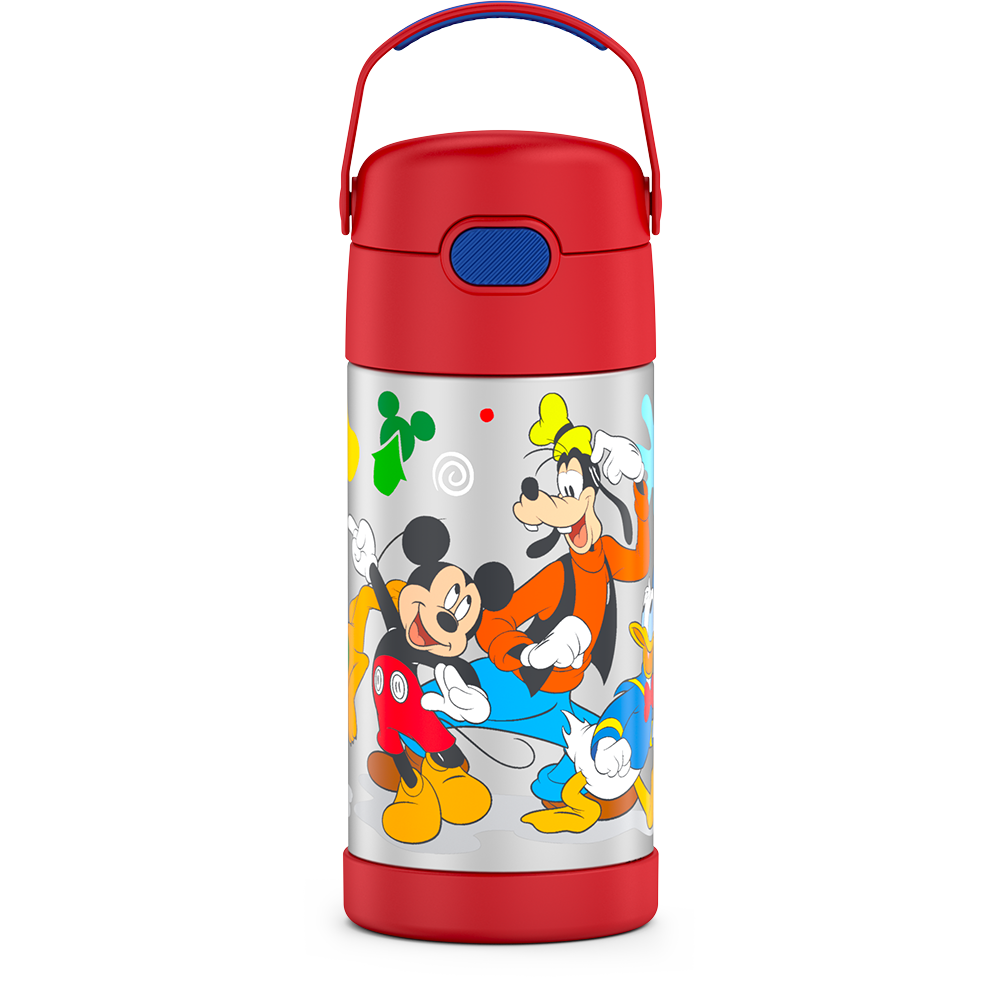 12 ounce Funtainer water bottle with handle up, Preschool Mickey Mouse, Red.