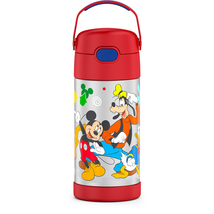 12 ounce Funtainer water bottle with handle up, Preschool Mickey Mouse, Red.