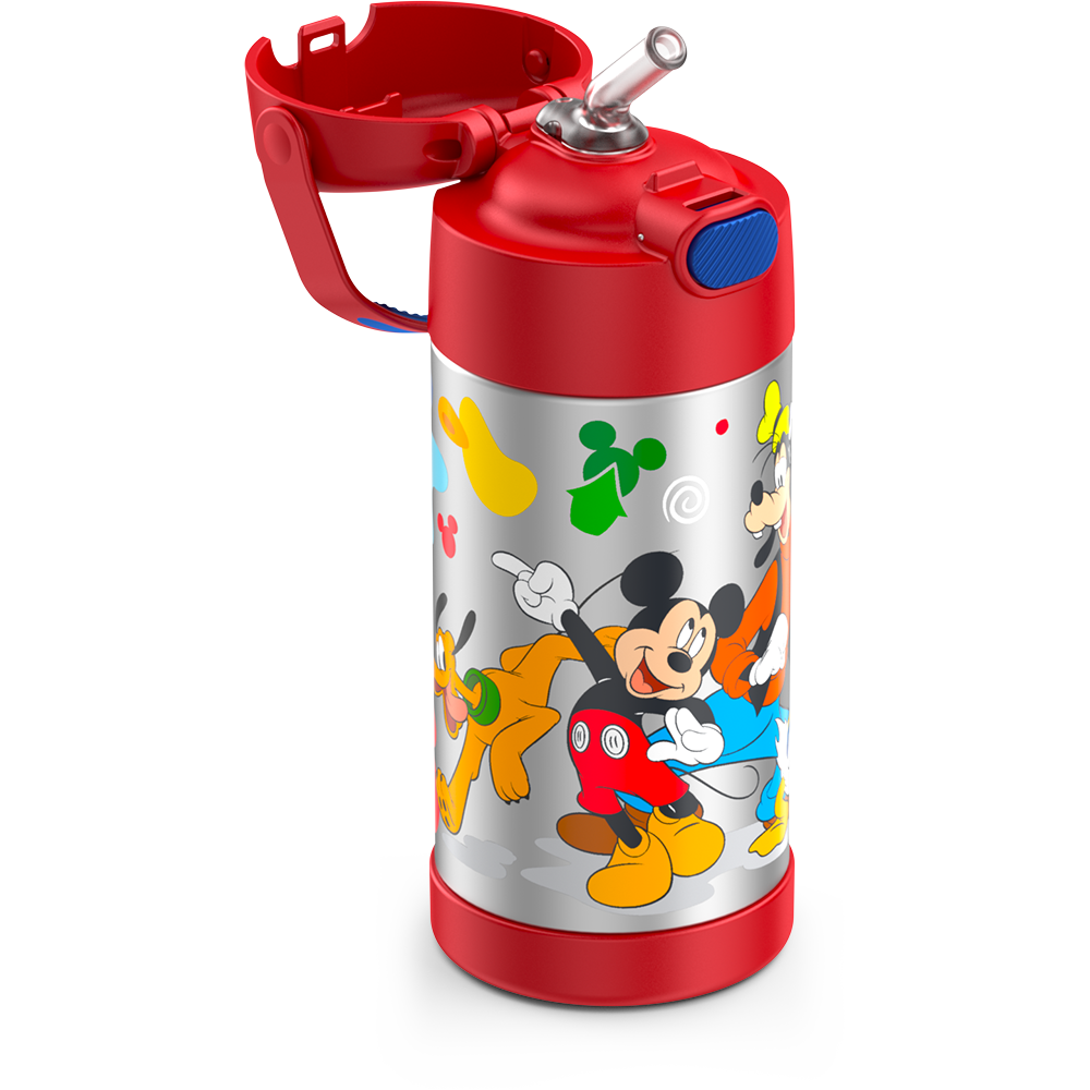 12 ounce Funtainer water bottle, Preschool Mickey Mouse, Red, straw inset.
