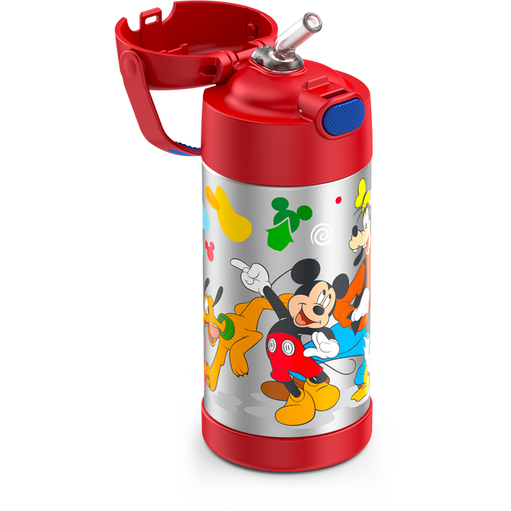 12 ounce Funtainer water bottle, Preschool Mickey Mouse, Red, straw inset.