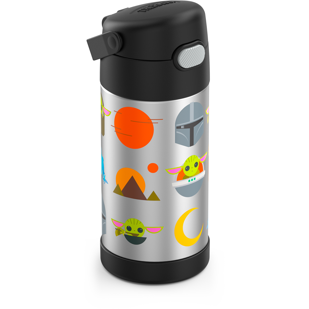 12 ounce Funtainer water bottle, Mandalorian, Black, side view, handle down.