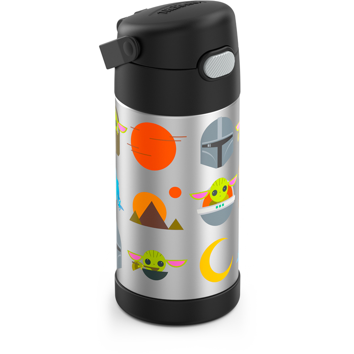 12 ounce Funtainer water bottle, Mandalorian, Black, side view, handle down.