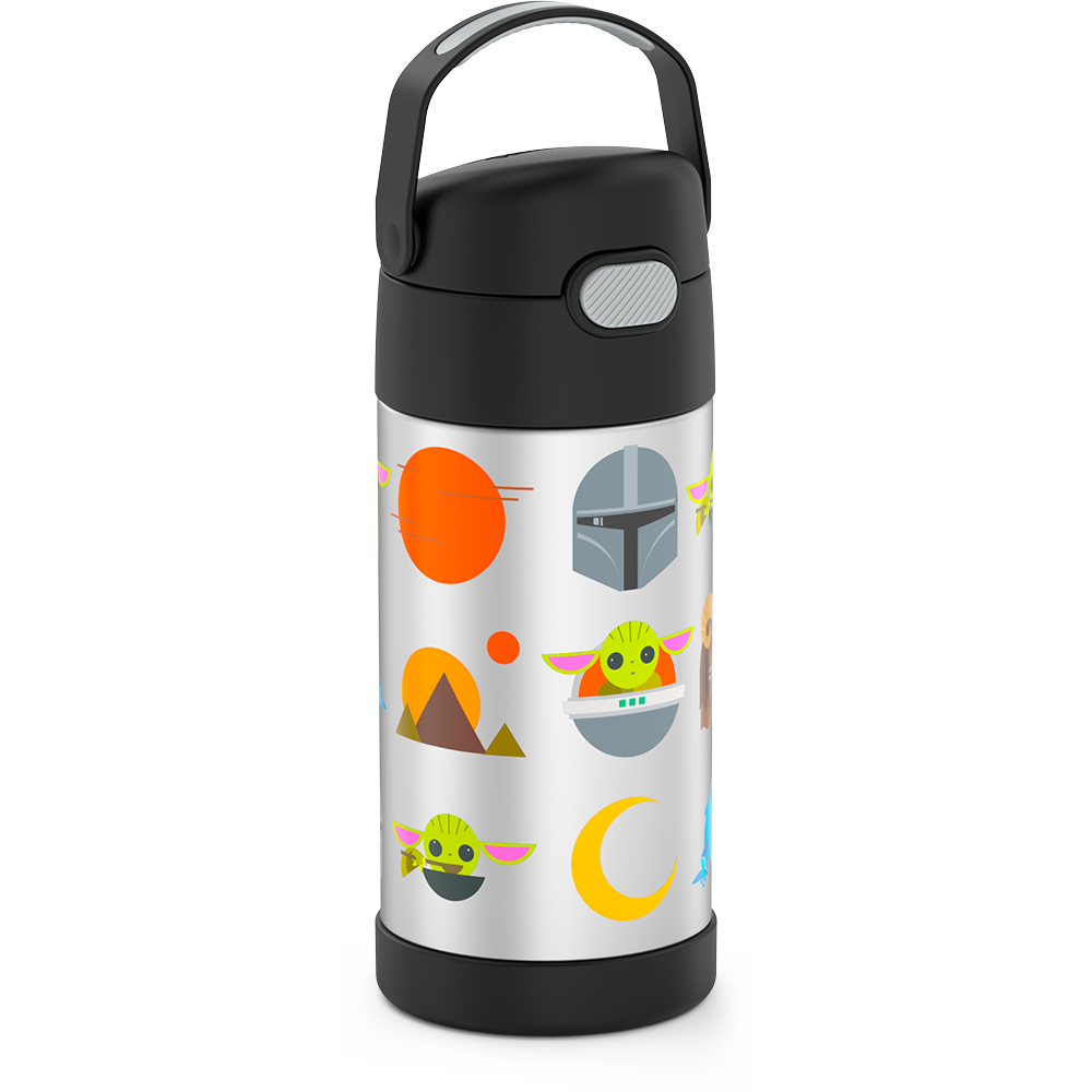 12 ounce Funtainer water bottle, Mandalorian, Black, front view, handle up.
