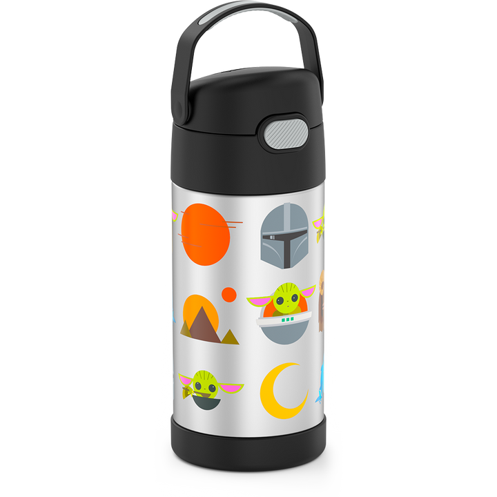 12 ounce Funtainer water bottle, Mandalorian, Black, front view, handle up.