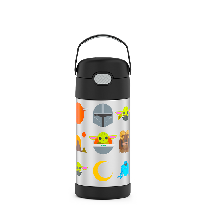 12 ounce Funtainer water bottle, Mandalorian, Black.