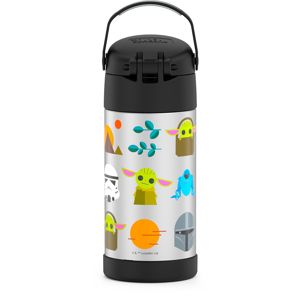 12 ounce Funtainer water bottle, back view, handle up, Mandalorian, Black.