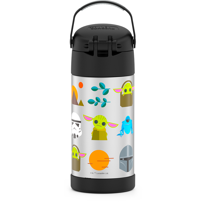 12 ounce Funtainer water bottle, back view, handle up, Mandalorian, Black.