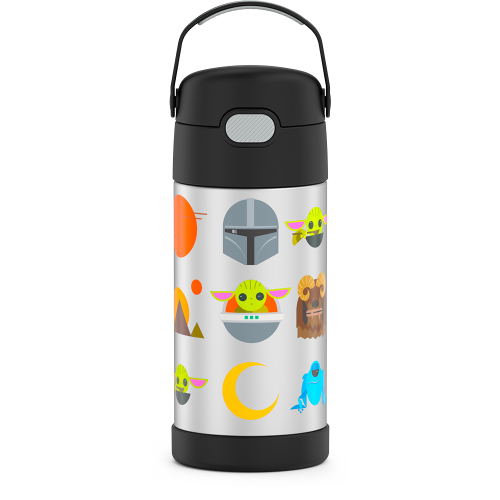 12 ounce Funtainer water bottle, Mandalorian, Black.
