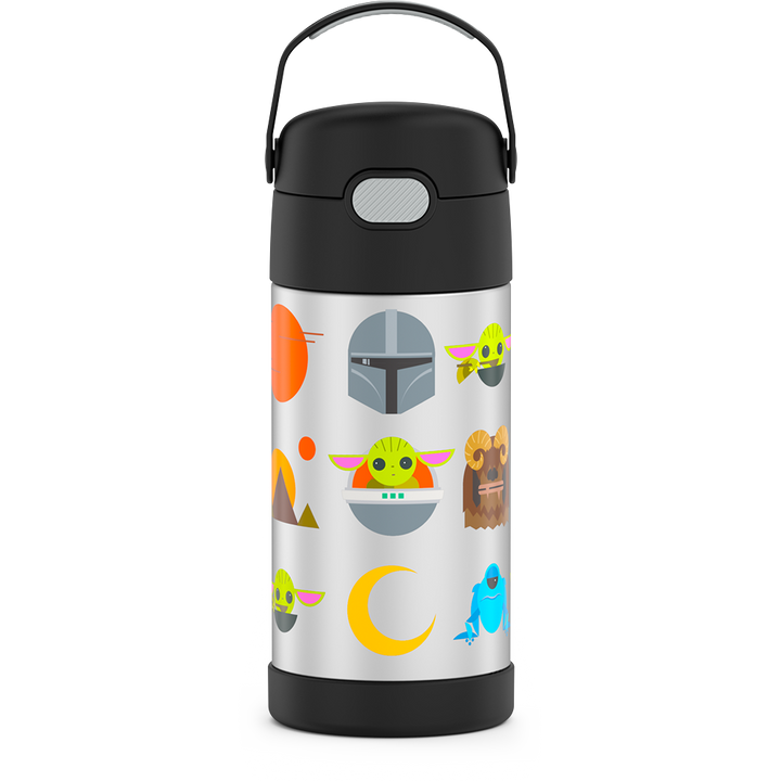 12 ounce Funtainer water bottle, Mandalorian, Black.
