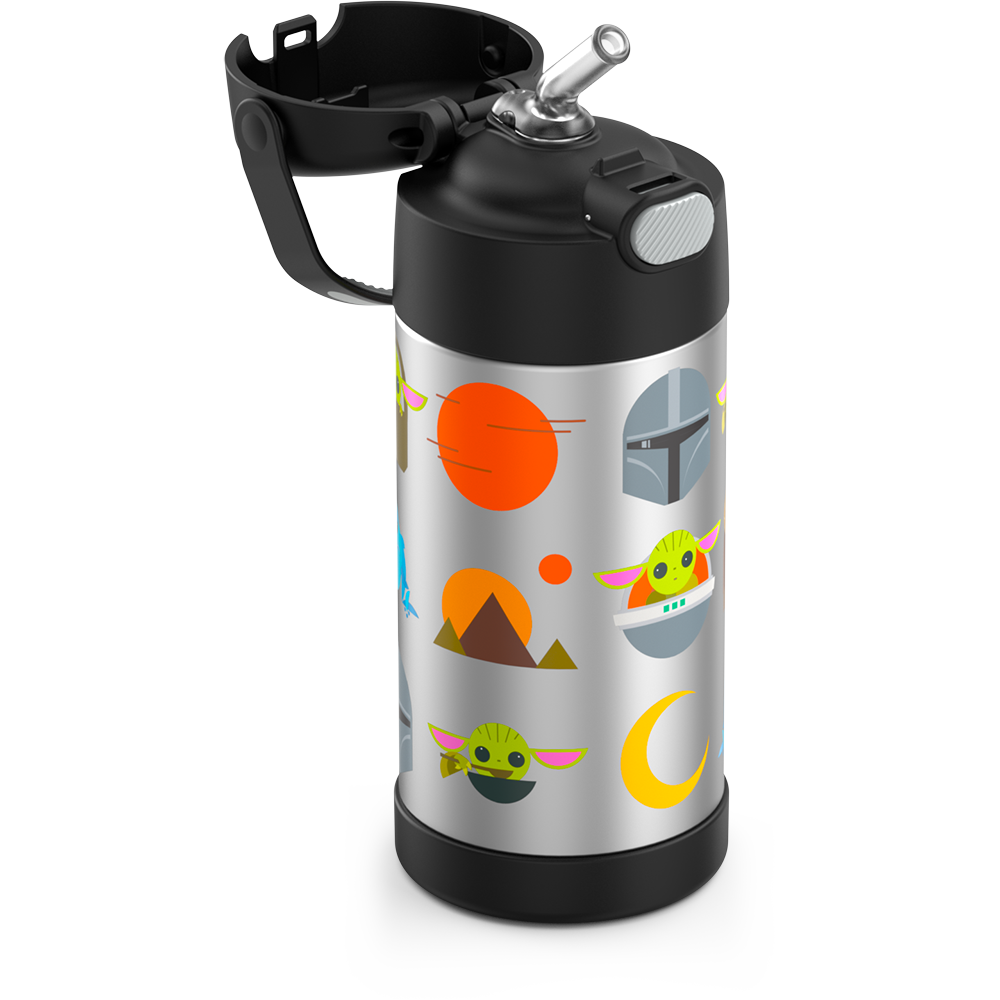 12 ounce Funtainer water bottle, Mandalorian, Black, straw inset.