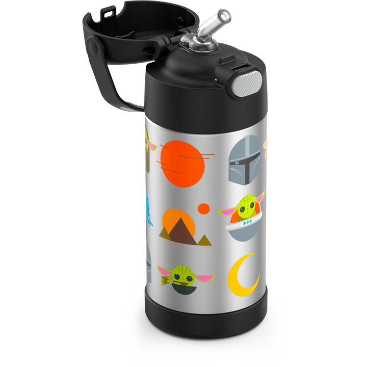 12 ounce Funtainer water bottle, Mandalorian, Black, straw inset.
