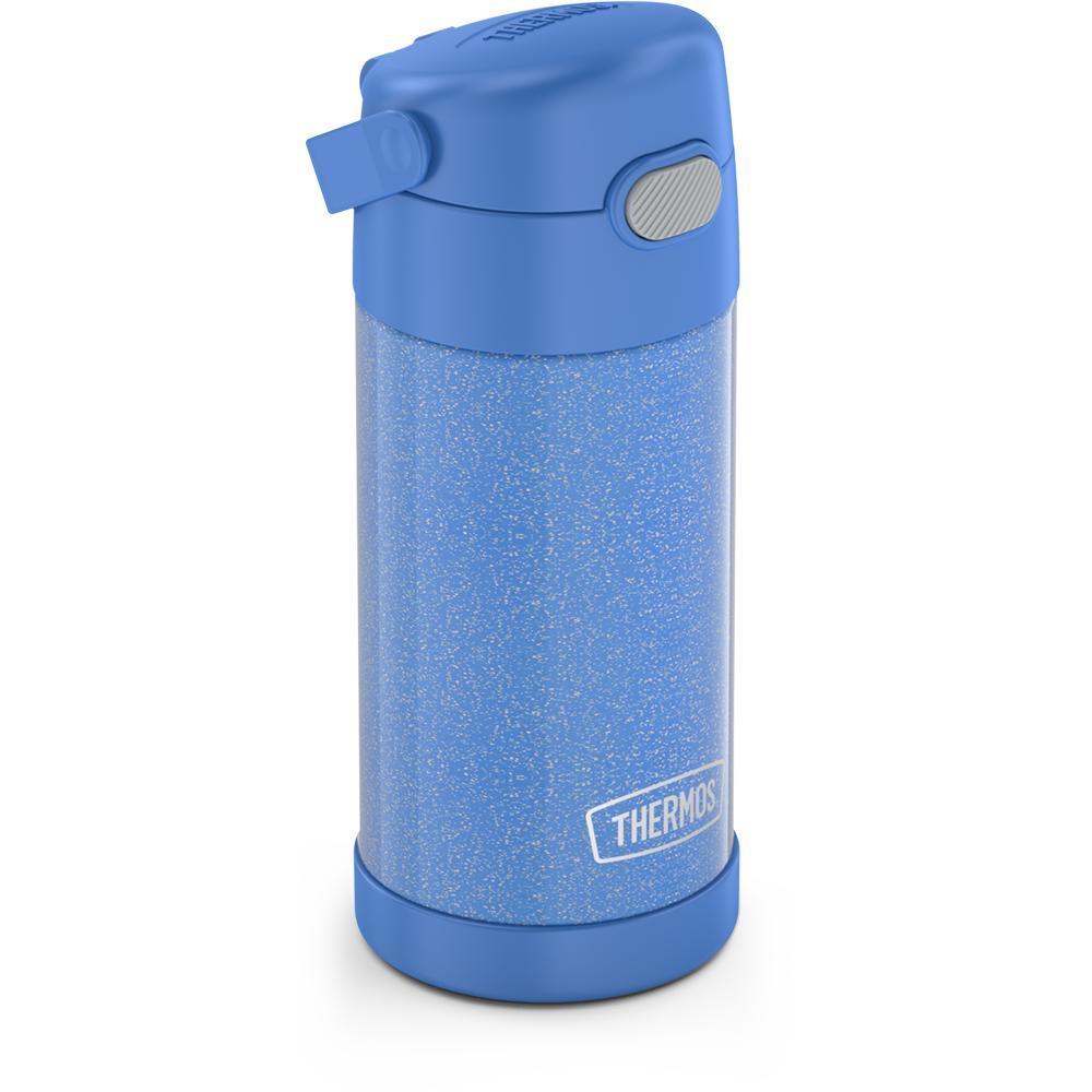 12 ounce Funtainer water bottle, Periwinkle Glitter, side view, handle down.