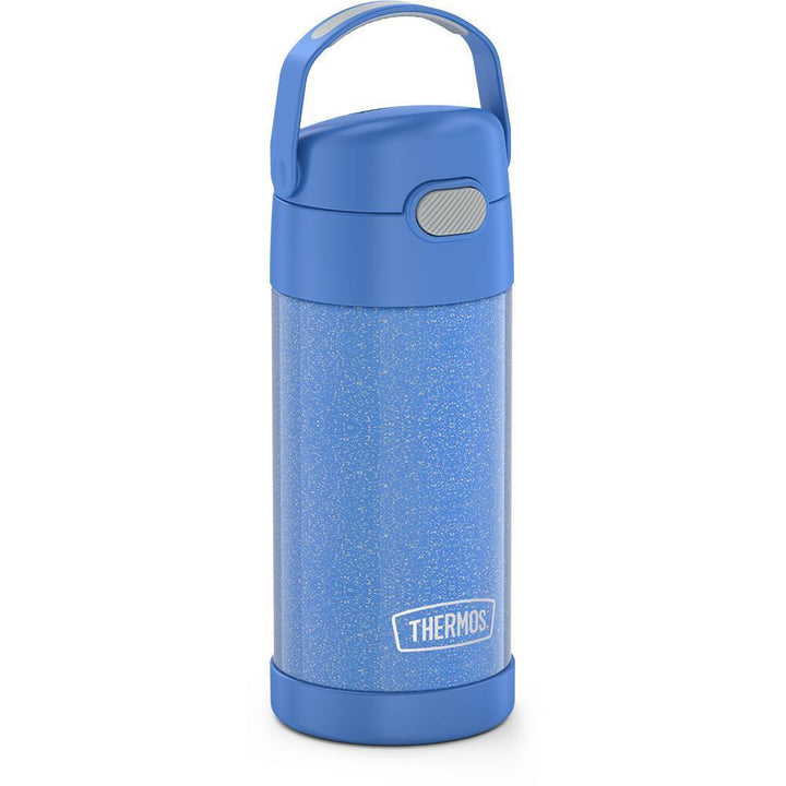12 ounce Funtainer water bottle, side view, handle up, Periwinkle Glitter.