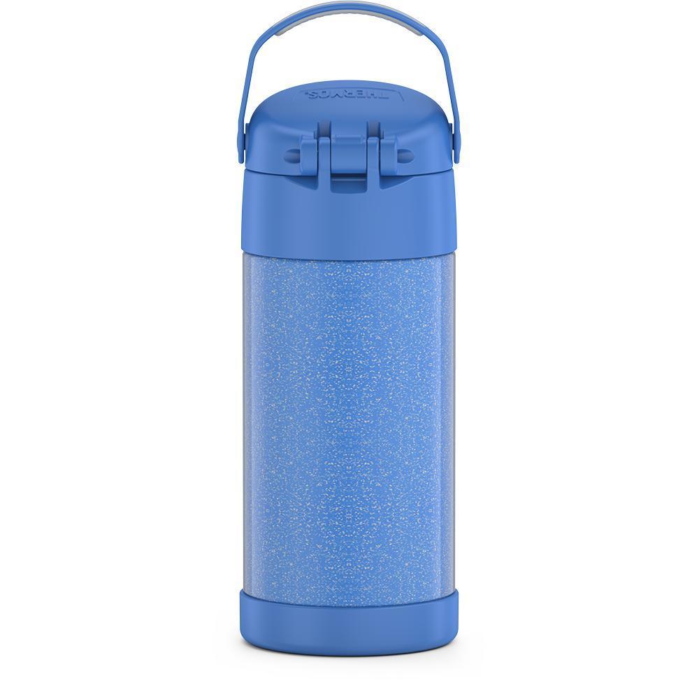 12 ounce Funtainer water bottle, back view, handle up, Periwinkle Glitter.