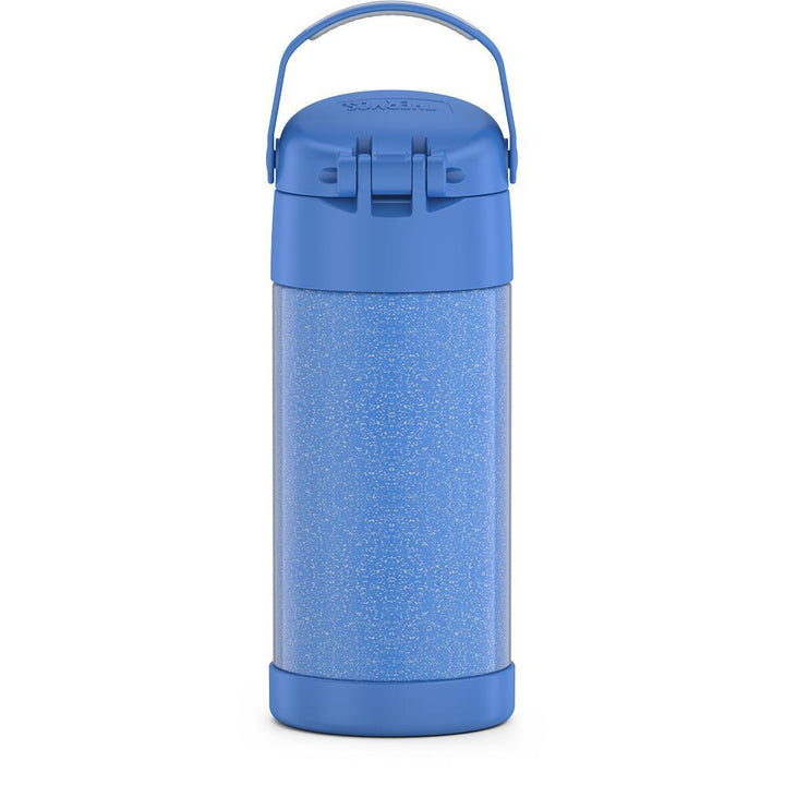 12 ounce Funtainer water bottle, back view, handle up, Periwinkle Glitter.