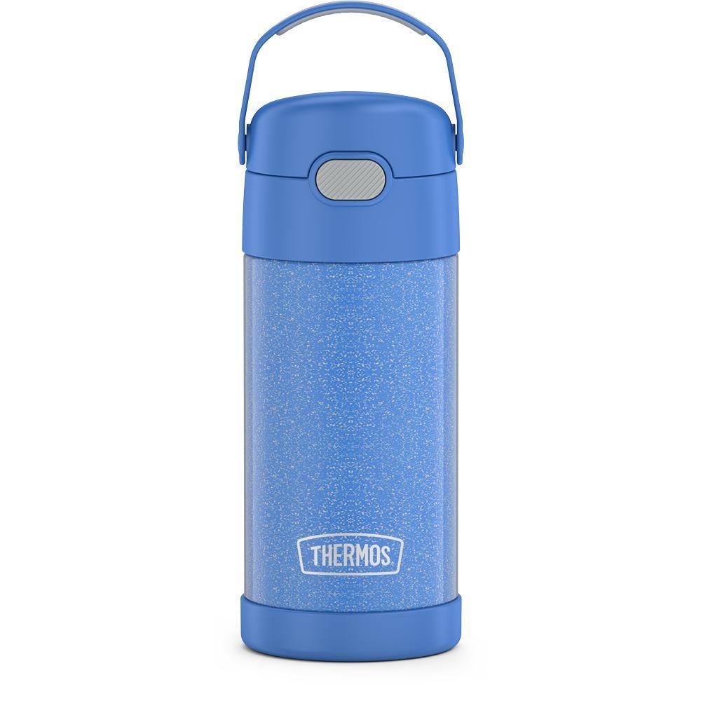 12 ounce Funtainer water bottle with handle up, Periwinkle Glitter.
