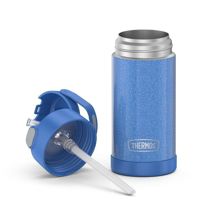 12 ounce Funtainer water bottle, Periwinkle Glitter, unassembled - lid removed.