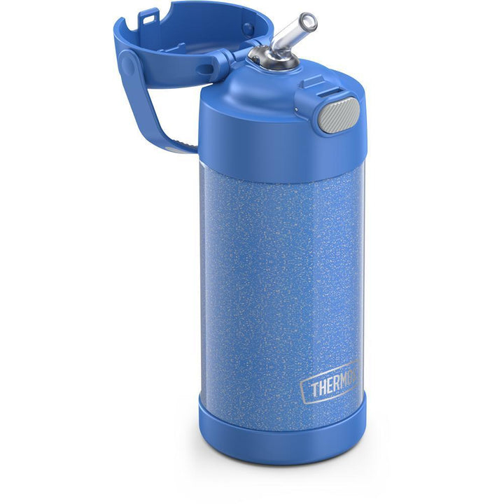 12 ounce Funtainer water bottle, Periwinkle Glitter, straw inset.