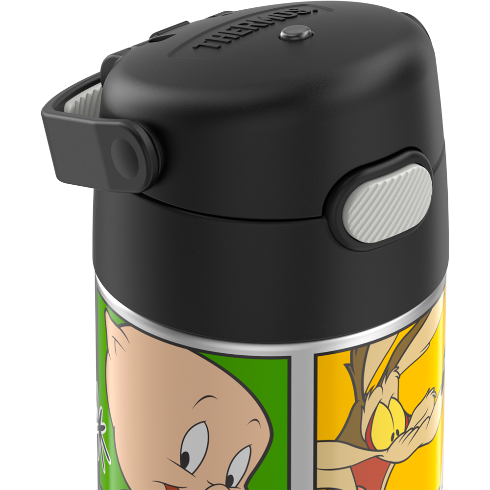16-ounce Funtainer Stainless Steel Water Bottle with Spout, Looney Tunes characters, Black, side view, handle down.
