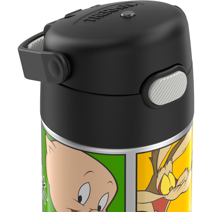 16-ounce Funtainer Stainless Steel Water Bottle with Spout, Looney Tunes characters, Black, side view, handle down.