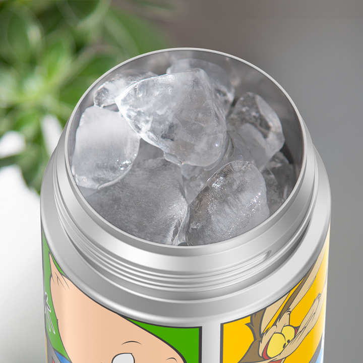 16-ounce Looney Tunes characters, Black Funtainer water bottle, opened and full of ice.