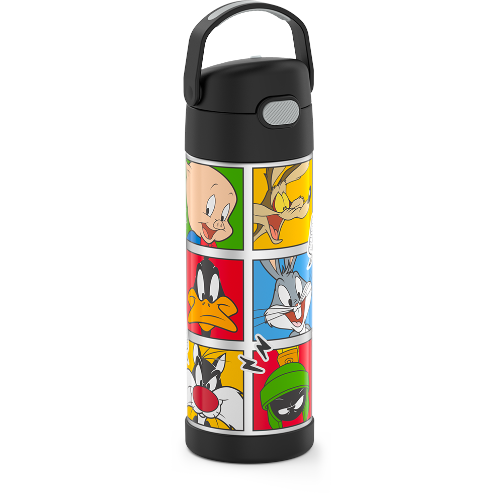 16-ounce Funtainer Stainless Steel Water Bottle with Spout, Looney Tunes characters, Black, side view, handle up.
