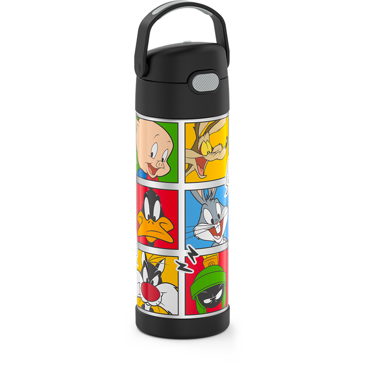 16-ounce Funtainer Stainless Steel Water Bottle with Spout, Looney Tunes characters, Black, side view, handle up.