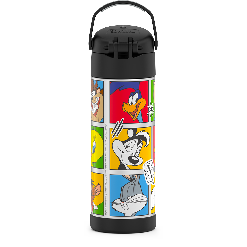 16-ounce Funtainer Stainless Steel Water Bottle with Spout, back view, handle up, Looney Tunes characters, Black.