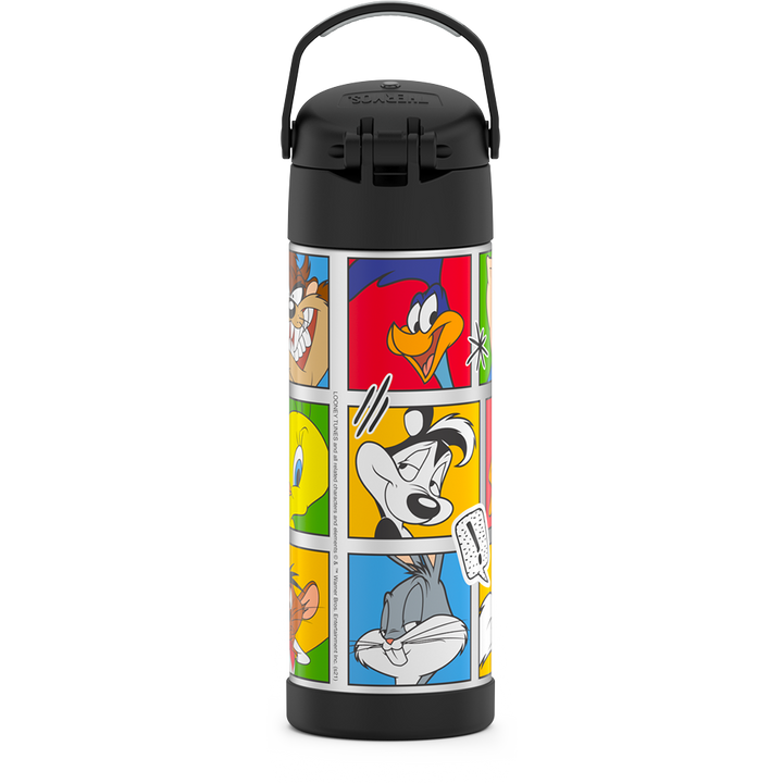 16-ounce Funtainer Stainless Steel Water Bottle with Spout, back view, handle up, Looney Tunes characters, Black.