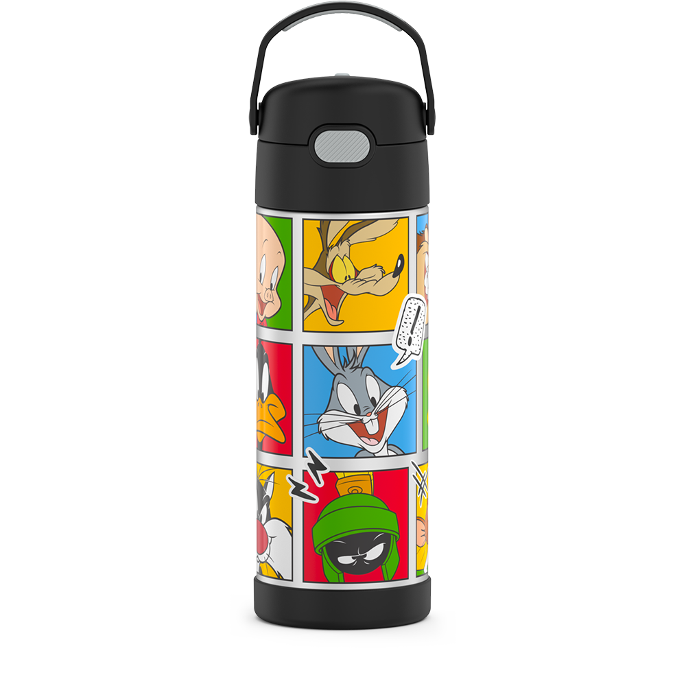 16-ounce Funtainer Stainless Steel Water Bottle with Spout, Looney Tunes characters, Black, front view, handle up.