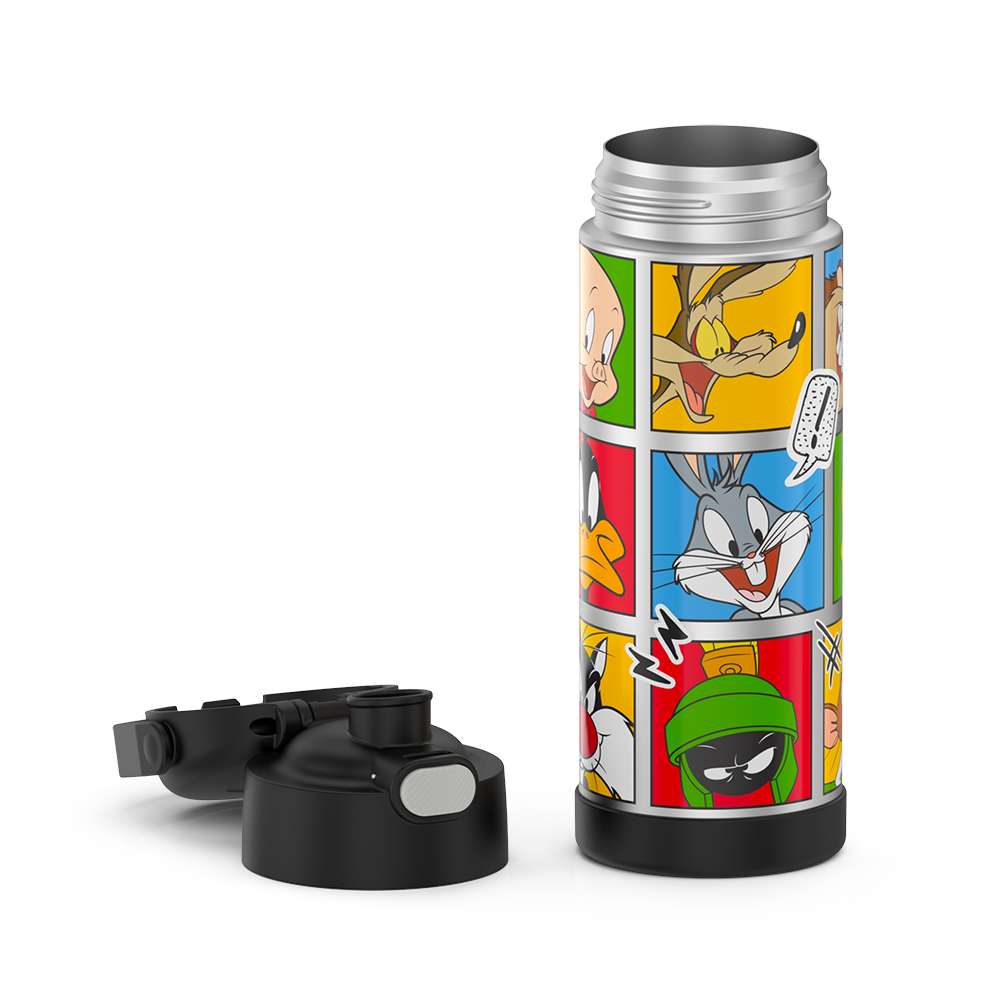 16-ounce Funtainer Stainless Steel Water Bottle with Spout, Looney Tunes characters, Black, unassembled - lid removed.