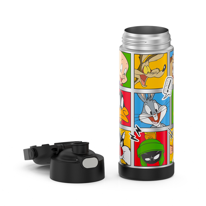 16-ounce Funtainer Stainless Steel Water Bottle with Spout, Looney Tunes characters, Black, unassembled - lid removed.