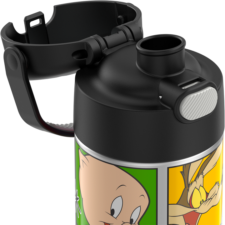 16-ounce Funtainer Stainless Steel Water Bottle with Spout, Looney Tunes characters, Black, side view, lid open showing spout.