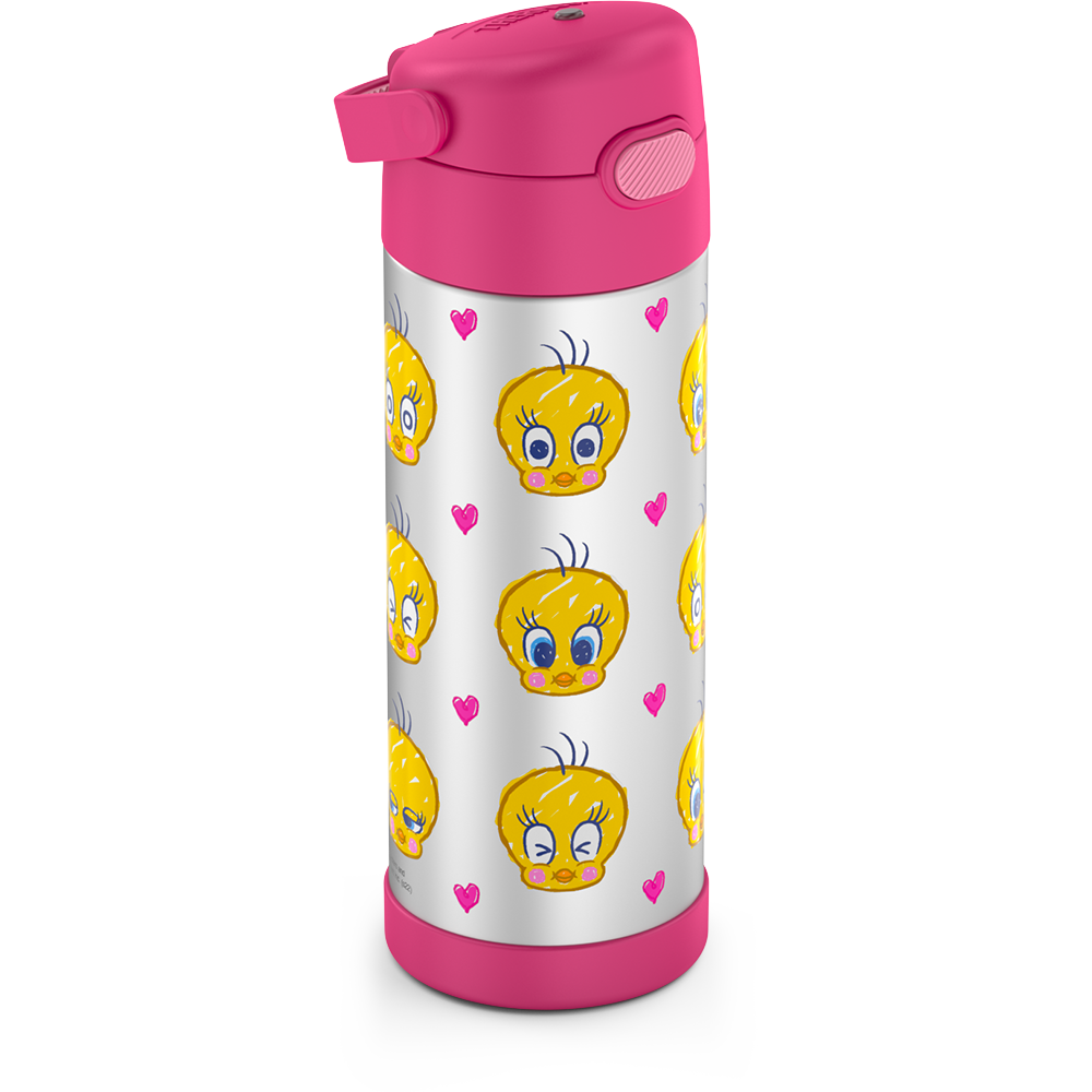 16-ounce Funtainer Stainless Steel Water Bottle with Spout, Tweety Bird, Pink, side view, handle down.