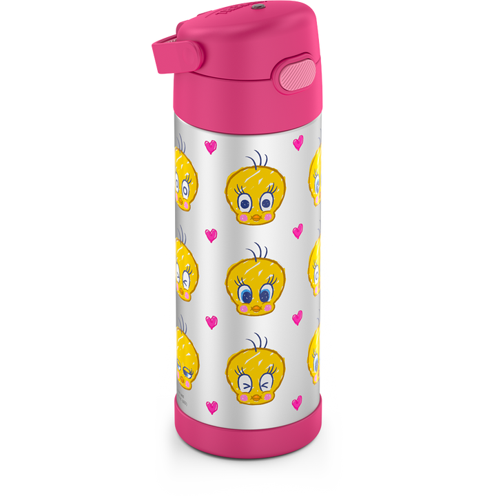 16-ounce Funtainer Stainless Steel Water Bottle with Spout, Tweety Bird, Pink, side view, handle down.